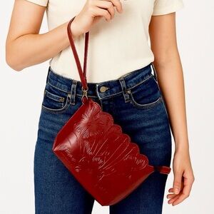 Leaders in Leather Deep Red Floral Embossed Wristlet